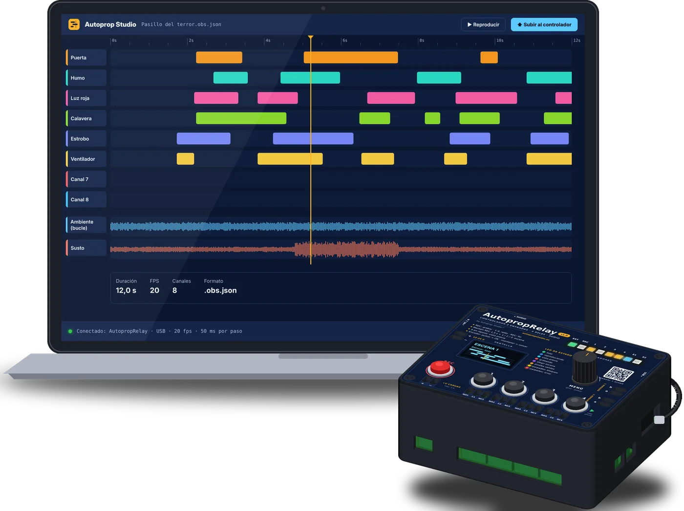 Autoprop Studio abierto en un portátil, conectado por USB a un AutopropRelay
